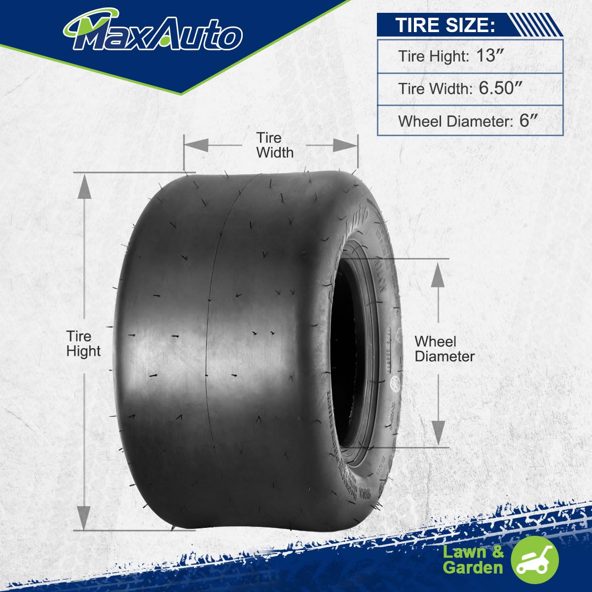 MaxAuto tire beside a ruler and wheel to show size and rim fitment clarity for buyers