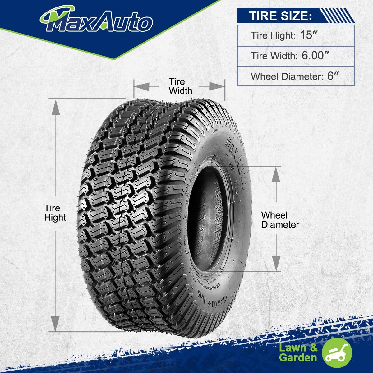 MaxAuto tire next to ruler for scale showing 14.45 inch diameter and accurate sizing benefit