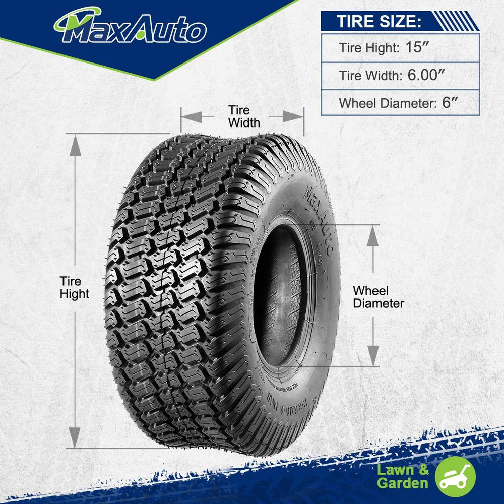 MaxAuto tire next to ruler for scale showing 14.45 inch diameter and accurate sizing benefit