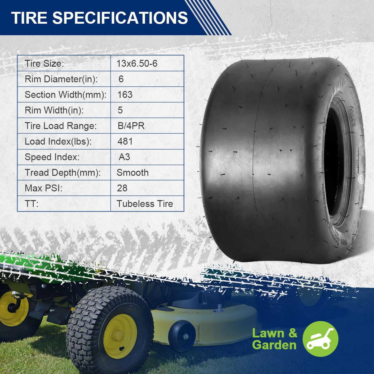 MaxAuto sidewall showing 13x6.50-6 size and load rating for correct fit confirmation