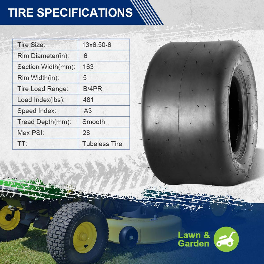 MaxAuto sidewall showing 13x6.50-6 size and load rating for correct fit confirmation
