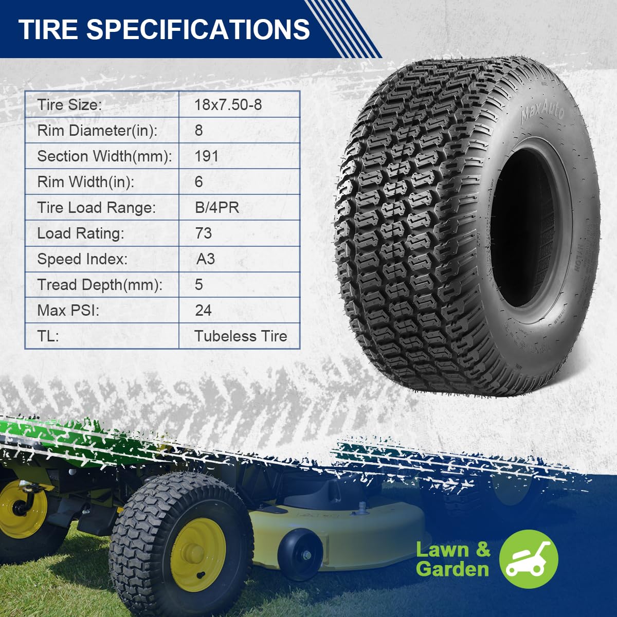 MaxAuto sidewall label detail showing size and load rating, aids correct fit