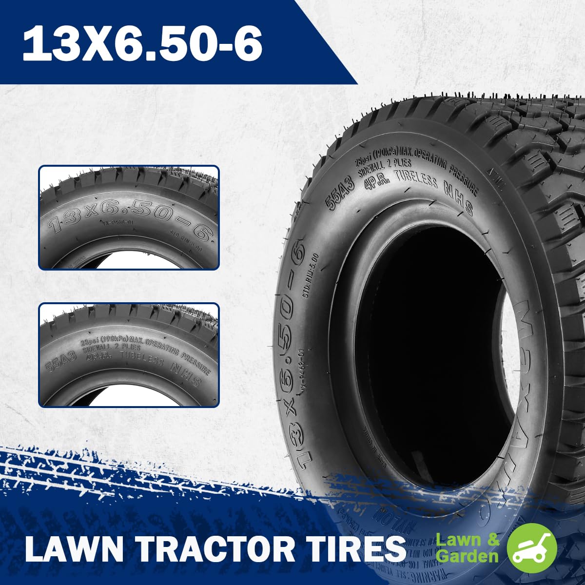 Close-up of MaxAuto tire sidewall markings confirming size and compatibility benefit