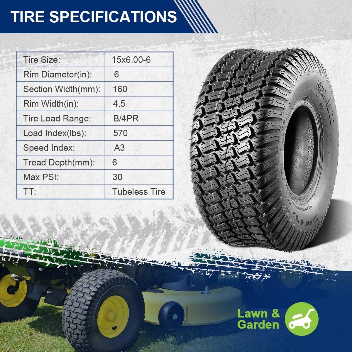 MaxAuto sidewall showing size and load label for easy verification of 15x6.00-6 fitment