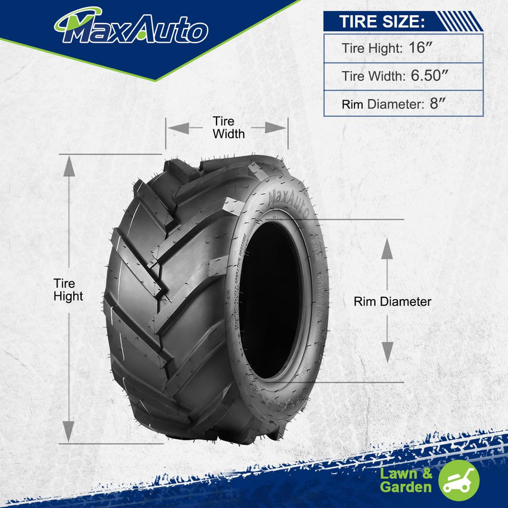 MaxAuto tire beside a ruler showing 15.98" diameter and 6.5" section width for scale