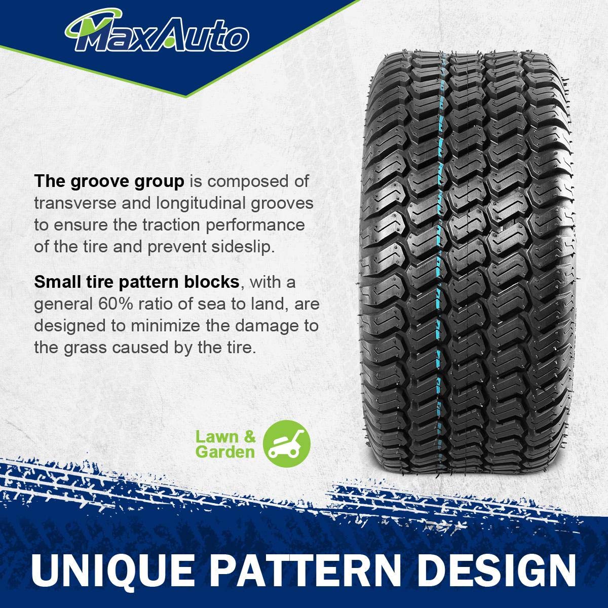 MaxAuto tire beside ruler showing 16x6.50-8 scale for accurate sizing