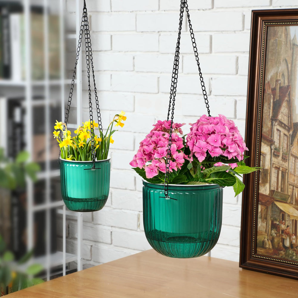 Maxcheck hanging planters on balcony demonstrating space-saving vertical gardening and decorative greenery