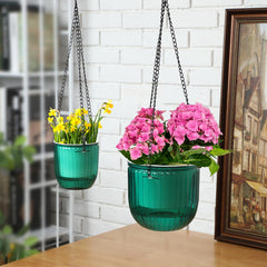 Maxcheck hanging planters on balcony demonstrating space-saving vertical gardening and decorative greenery