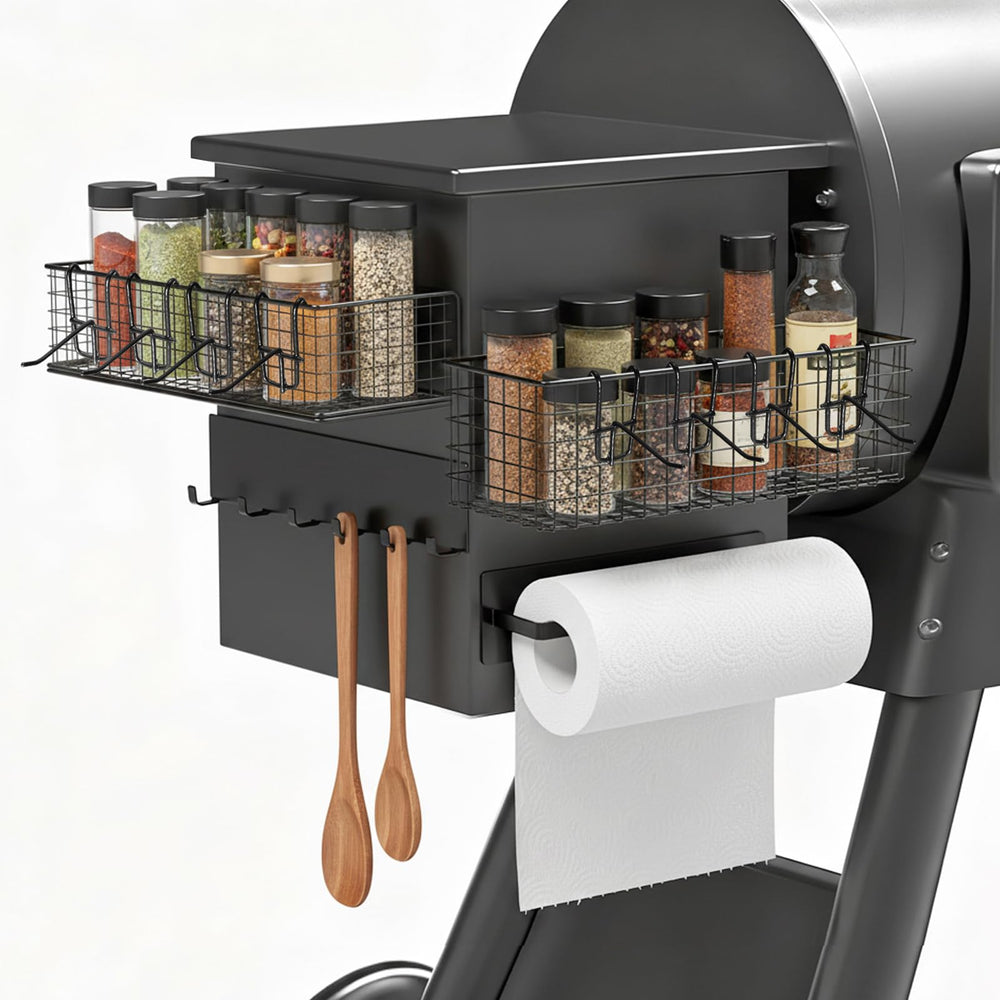 Maxdot front view bins attached to grill showing tidy storage benefit