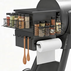 Maxdot front view bins attached to grill showing tidy storage benefit