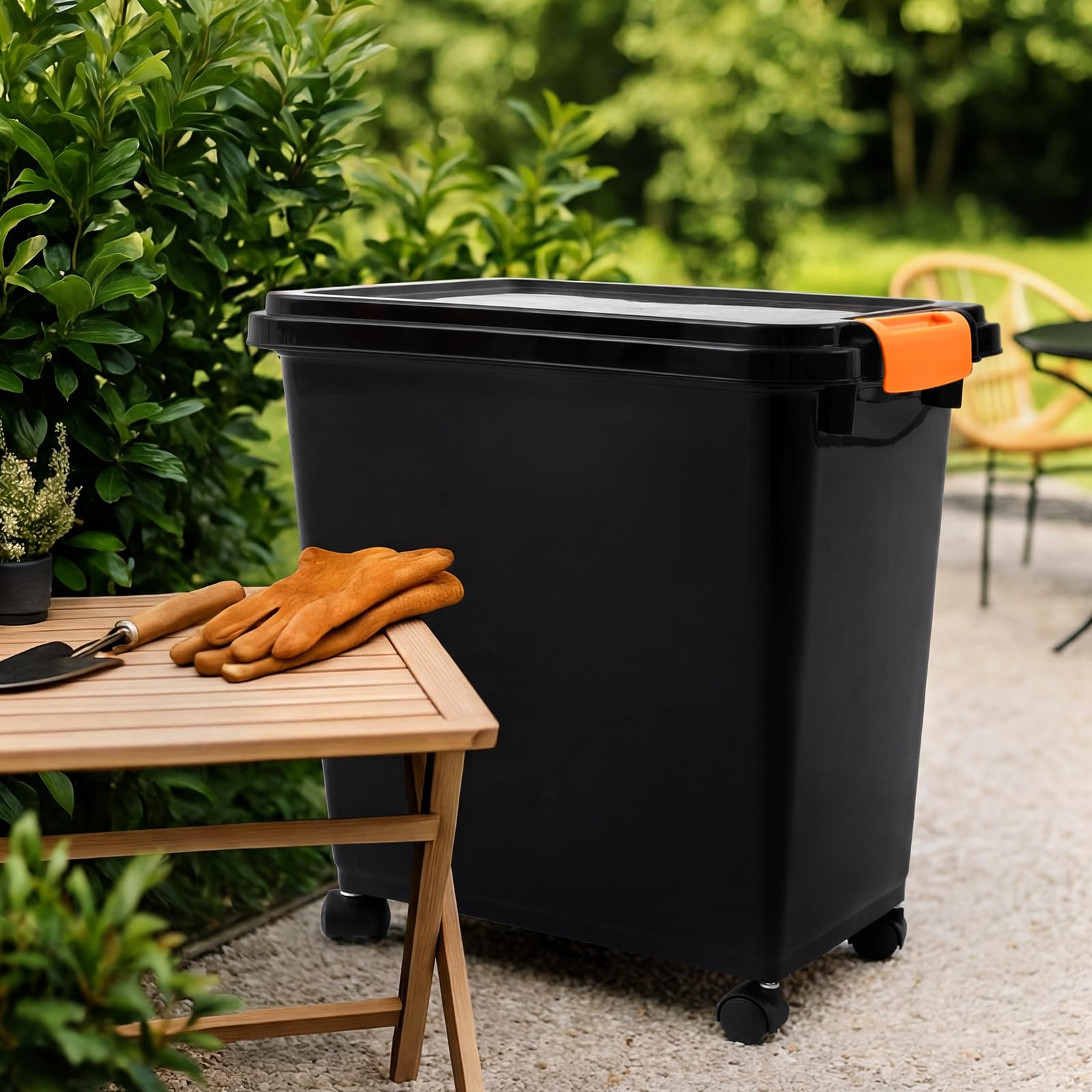 Maxdot lifestyle backyard storage showing tidy, protected pellet keeping