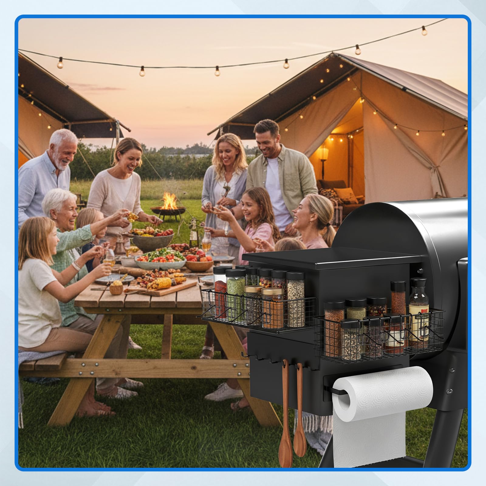 Maxdot lifestyle shot with bins on pellet grill improving workflow