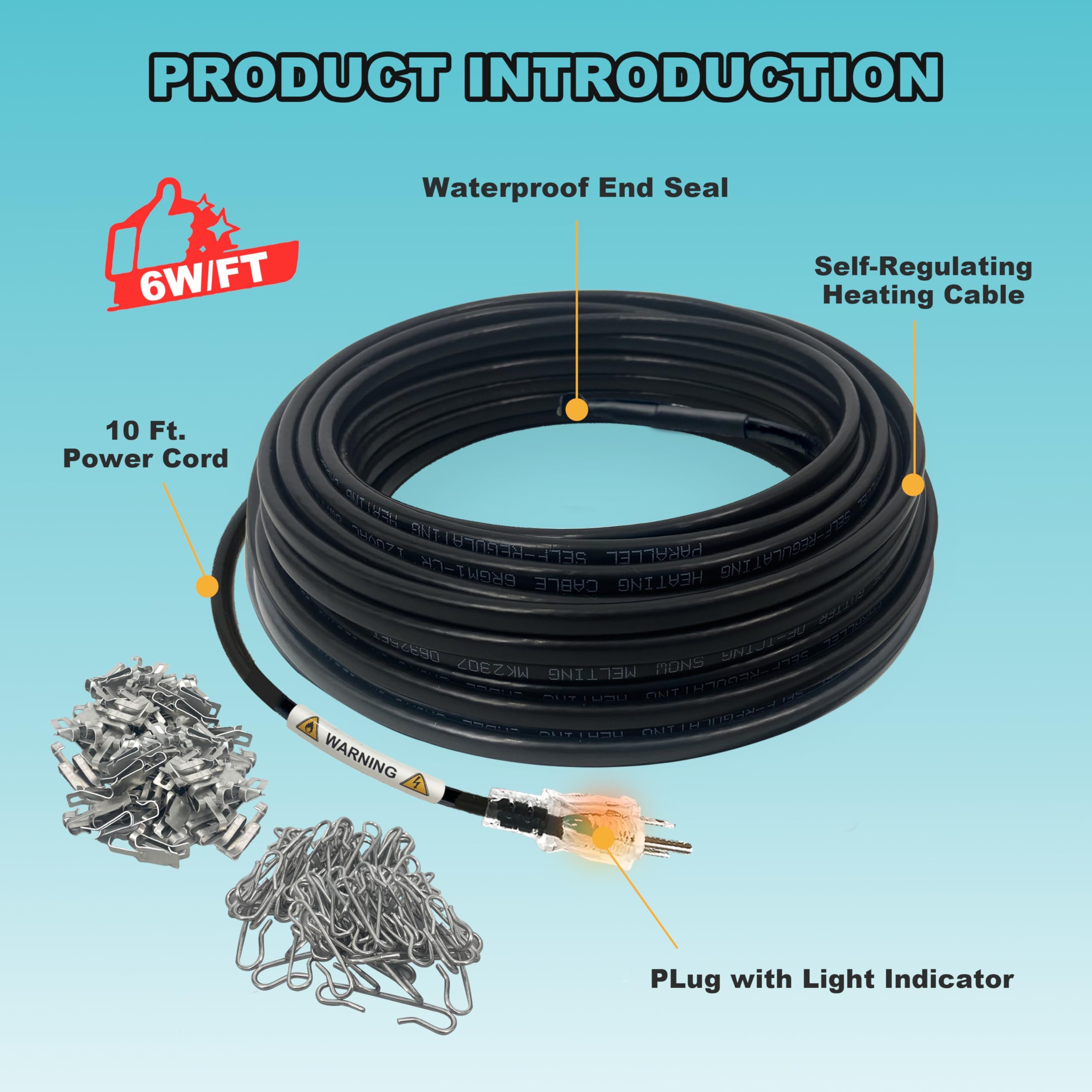 MAXKOSKO cable beside a ruler demonstrating 70ft length and proper scale for eaves and downspouts