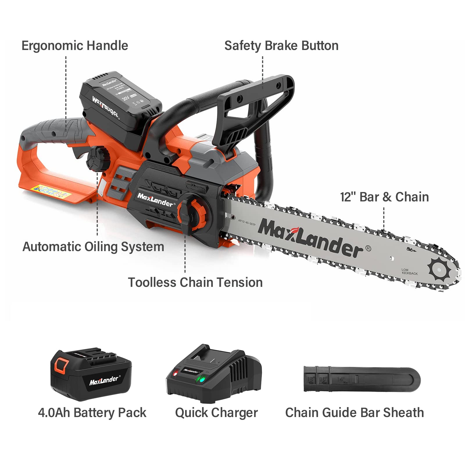 MAXLANDER close-up of 12-inch bar and low-kickback chain for safer cutting