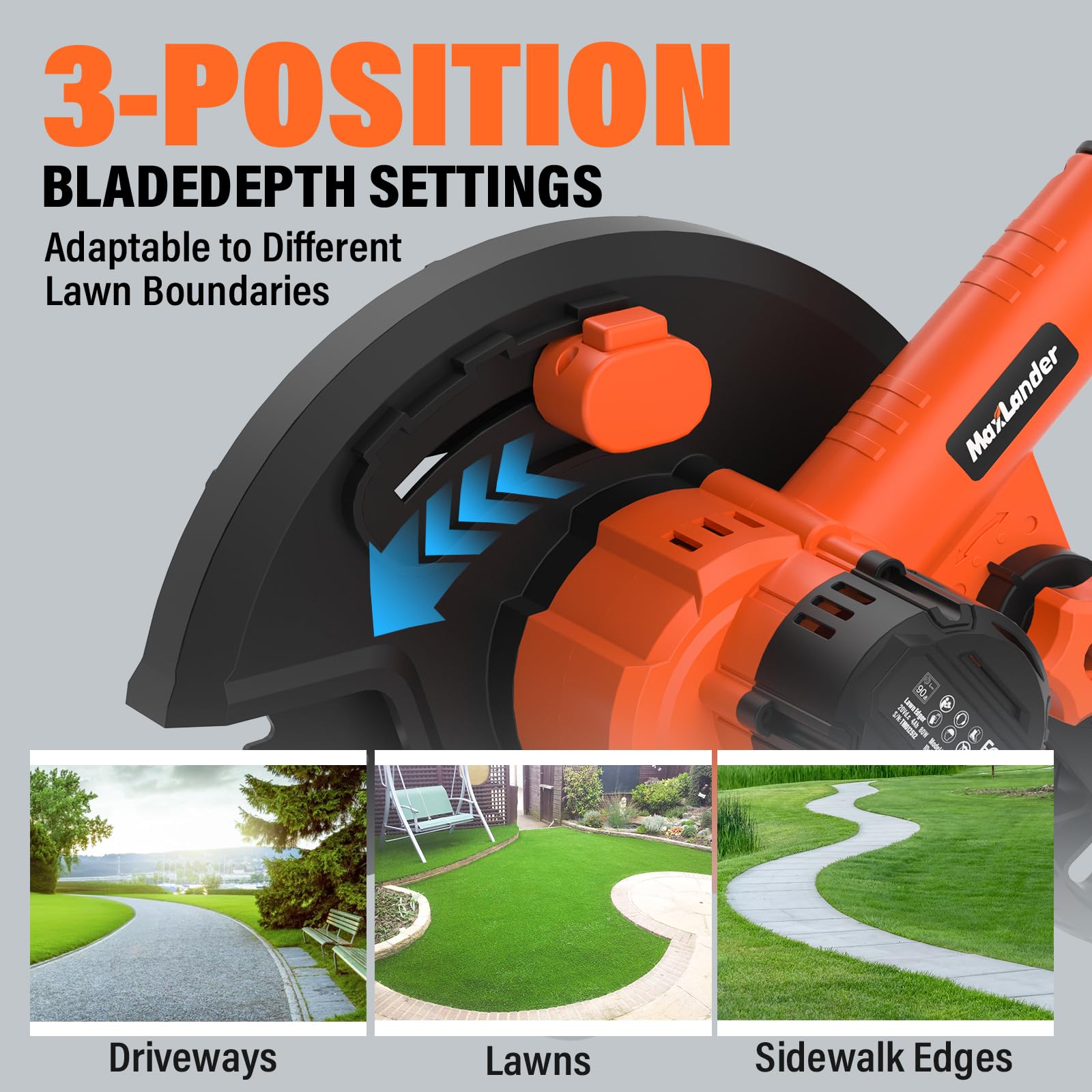 MAXLANDER depth control detail showing three-position adjustment benefit