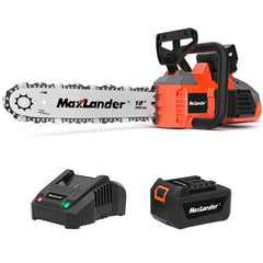 MAXLANDER front view showing compact saw and included battery for quick starts