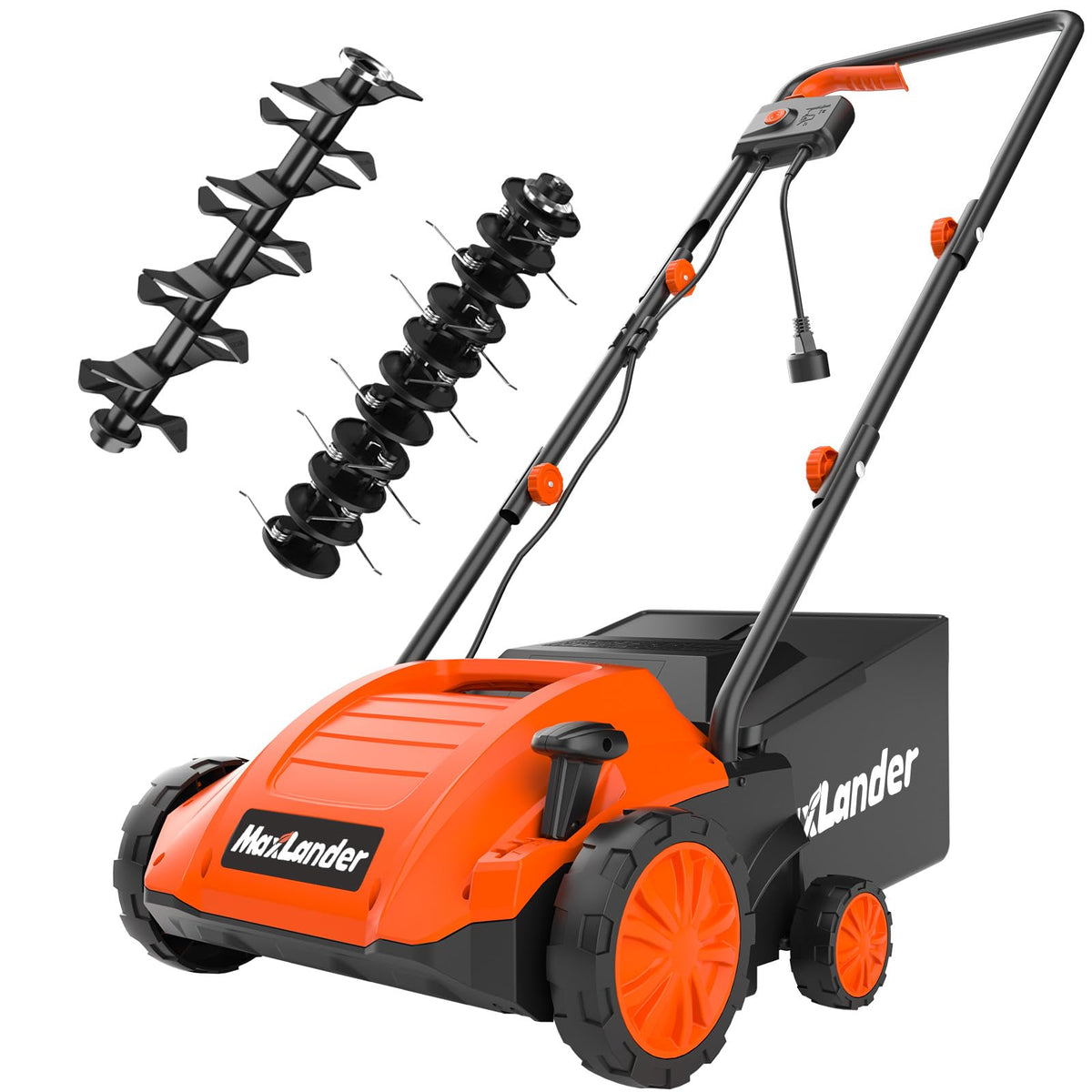 MAXLANDER front view showing compact design and 13-inch raking path for efficient coverage