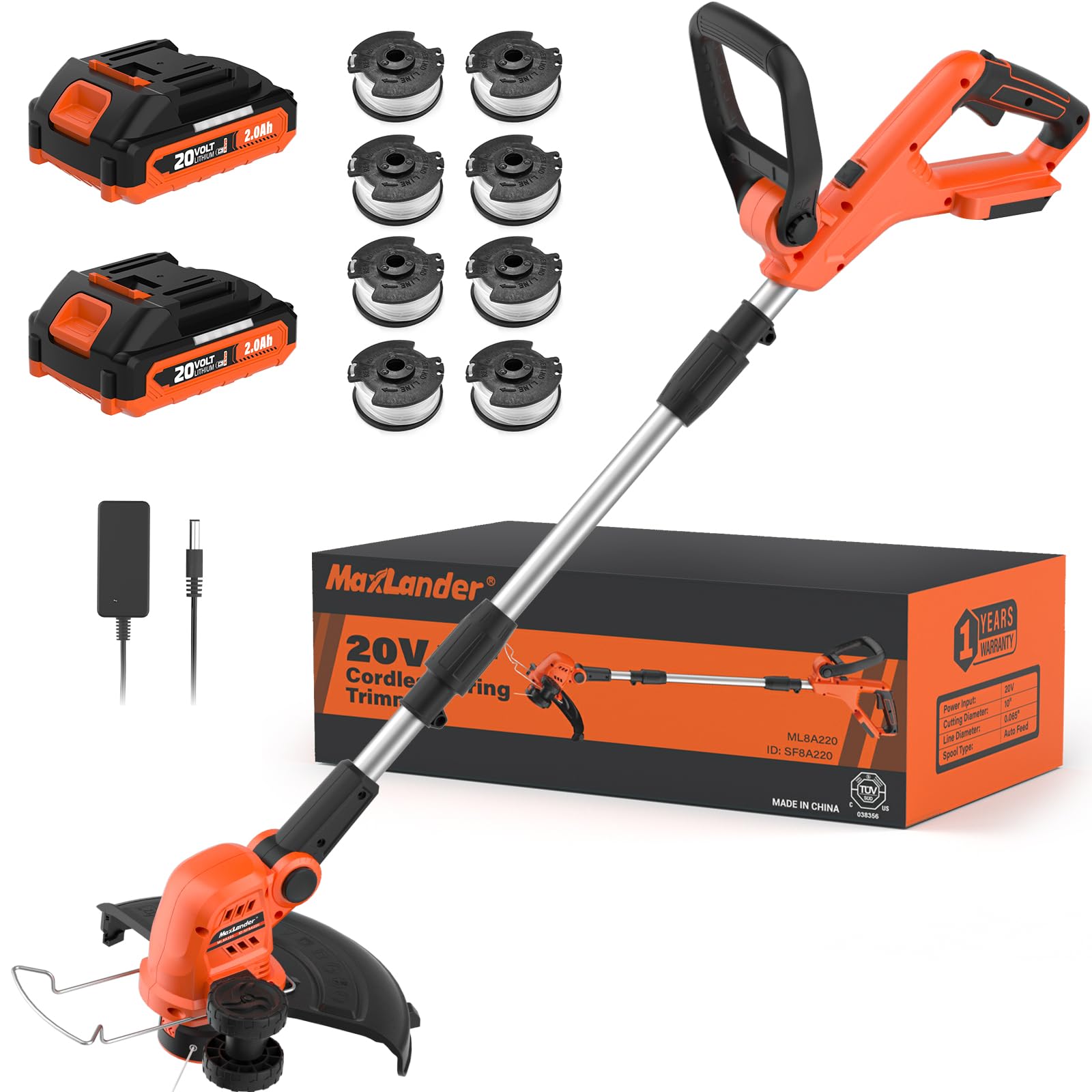 MAXLANDER front view of trimmer showing controls and 12-inch cutting head for easy lawn care