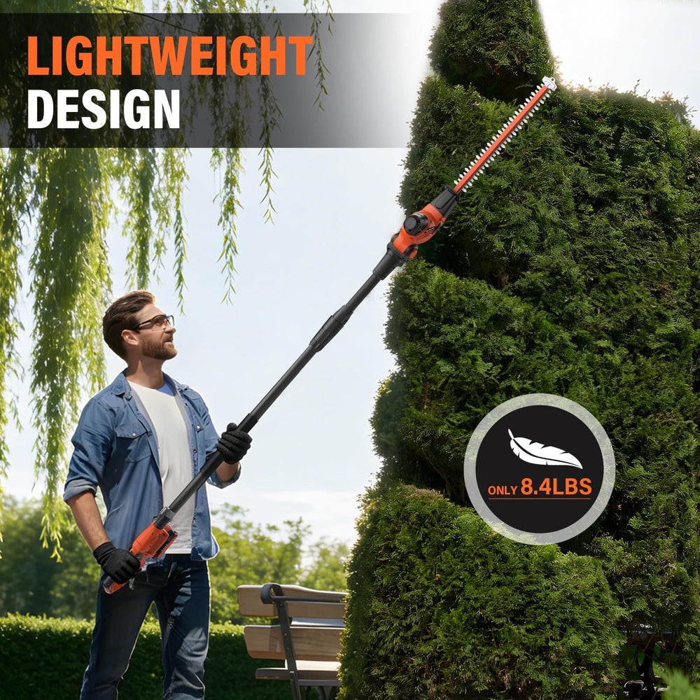 MAXLANDER trimmer in use cutting a tall hedge illustrating cordless convenience
