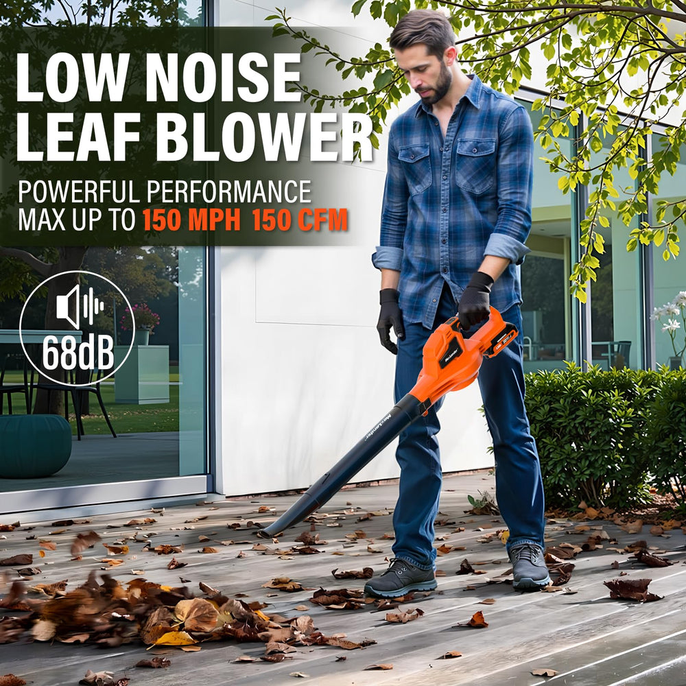 MAXLANDER leaf blower held by user, illustrating powerful turbo airflow for faster cleanup