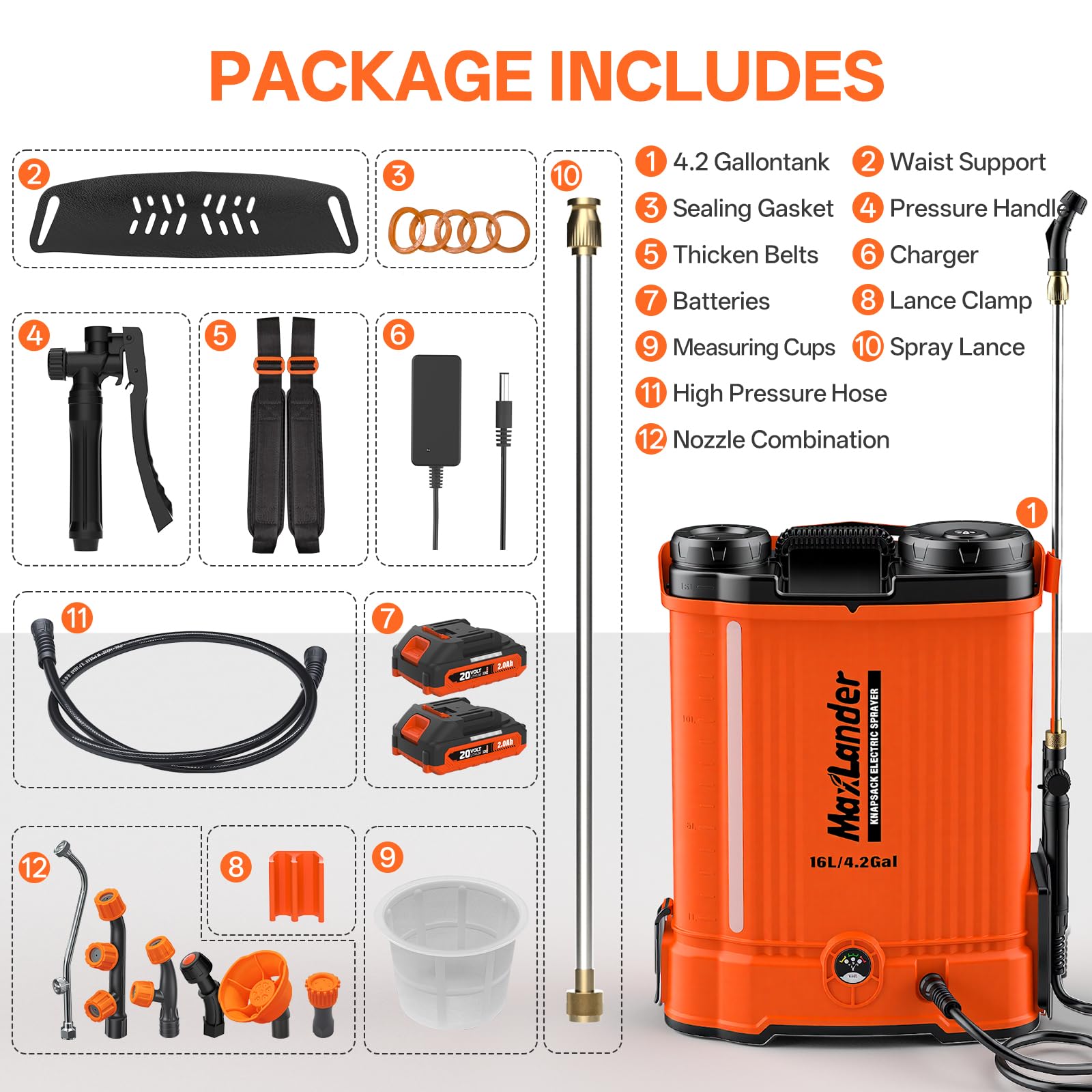 MAXLANDER sprayer beside garden tools showing scale and portable size benefit
