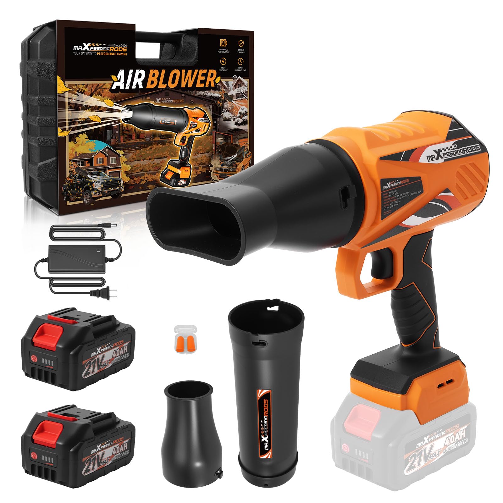 maXpeedingrods blower front view showing compact design and powerful airflow benefit