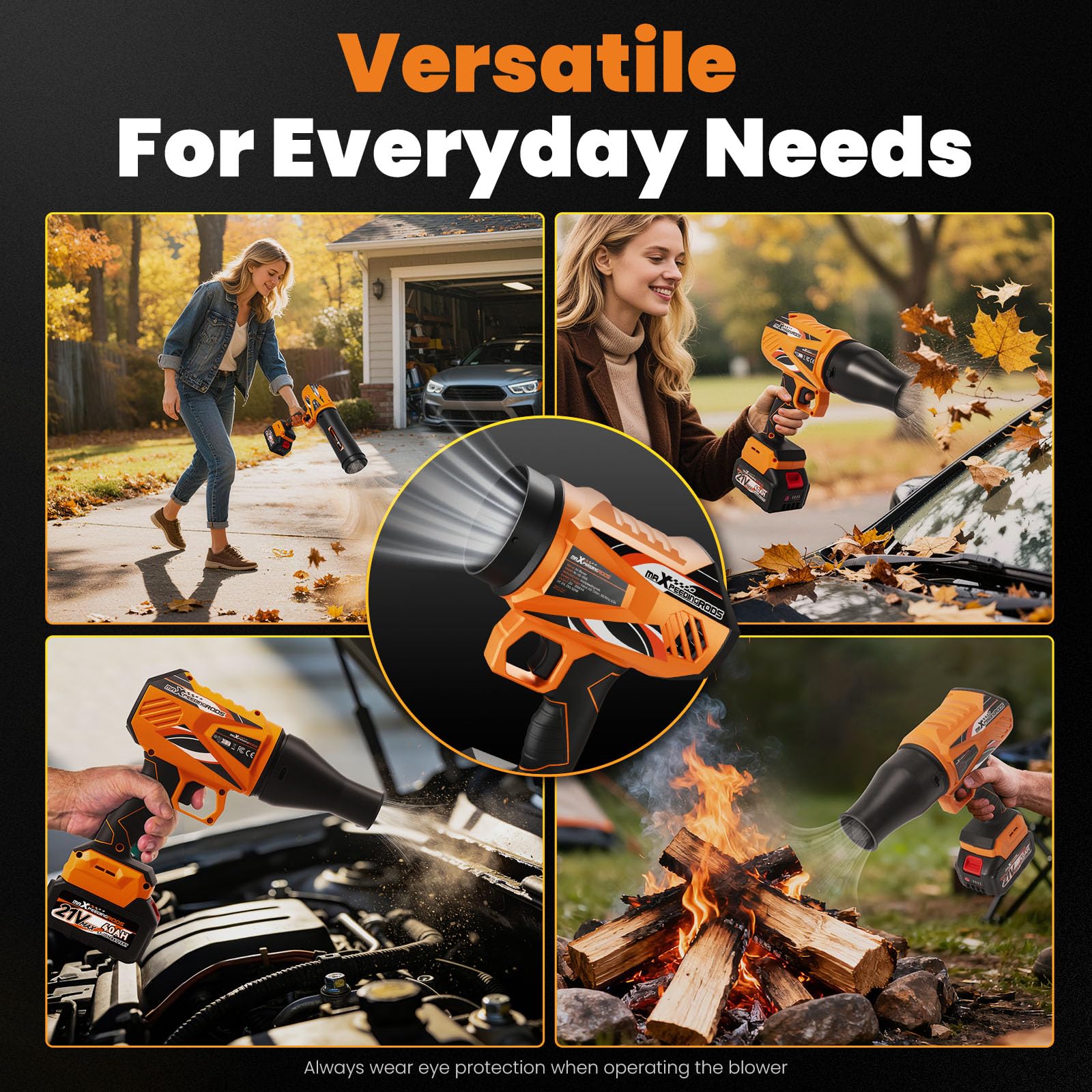 maXpeedingrods blower clearing leaves on a driveway demonstrating fast cleanup