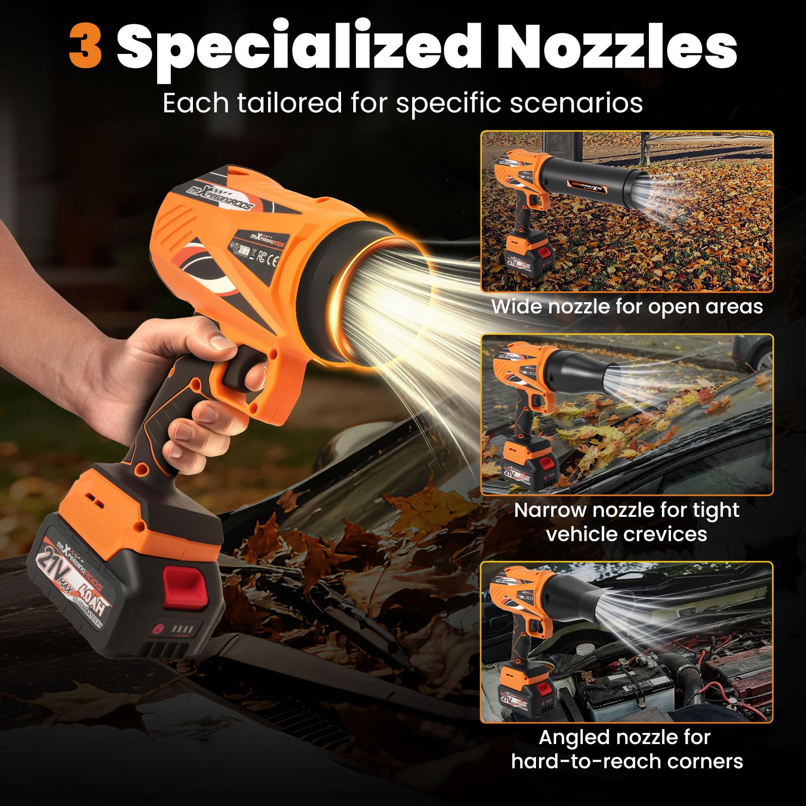 maXpeedingrods three nozzles laid out to show versatility for different tasks