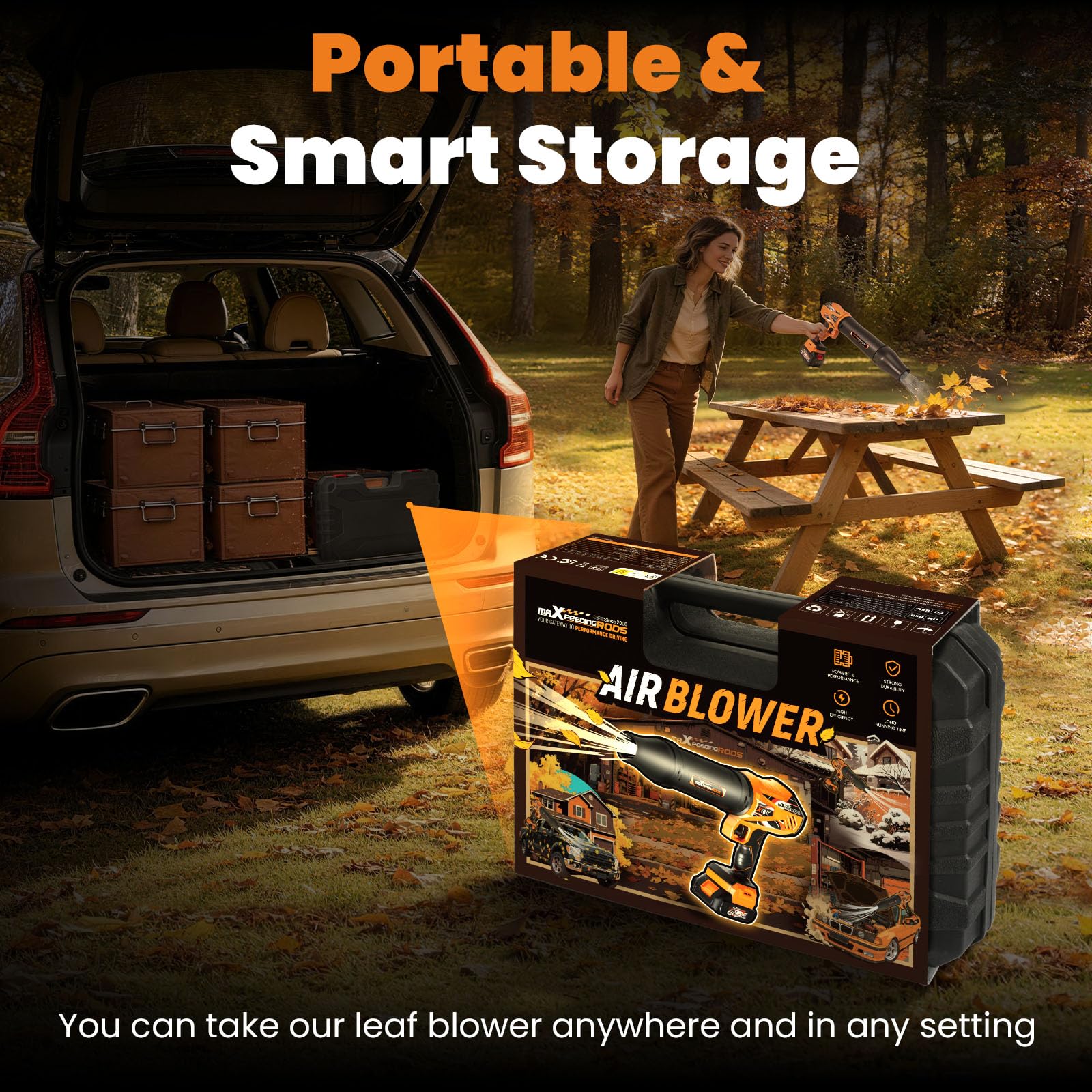 maXpeedingrods blower packed inside storage case for neat transport and protection