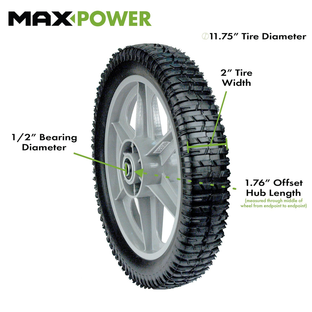 Maxpower 335112 close-up of spokes and 1.76 inch hub highlighting durable fit