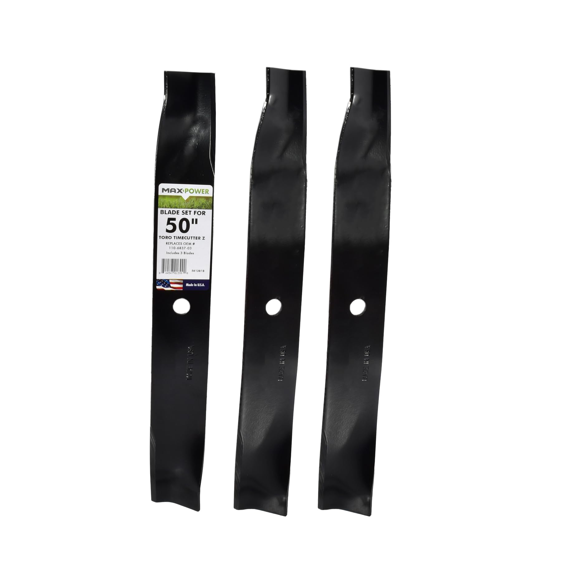 Maxpower 561381B front view showing three blades and packaging, durable USA made