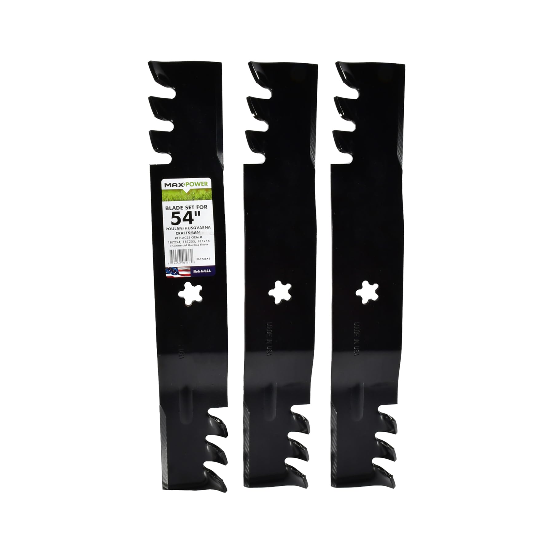 MaxPower front view of three mulching blades showing packaging and fit