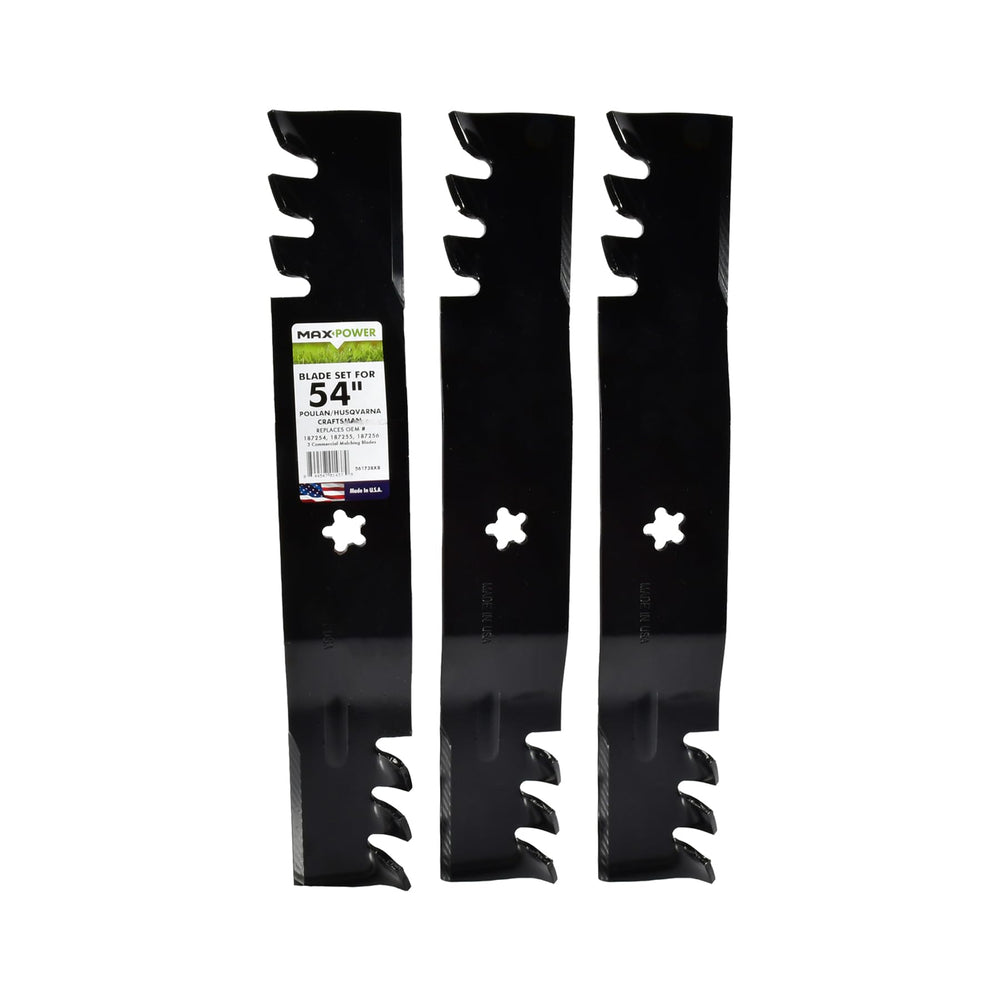 MaxPower front view of three mulching blades showing packaging and fit