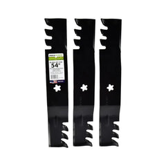 MaxPower front view of three mulching blades showing packaging and fit