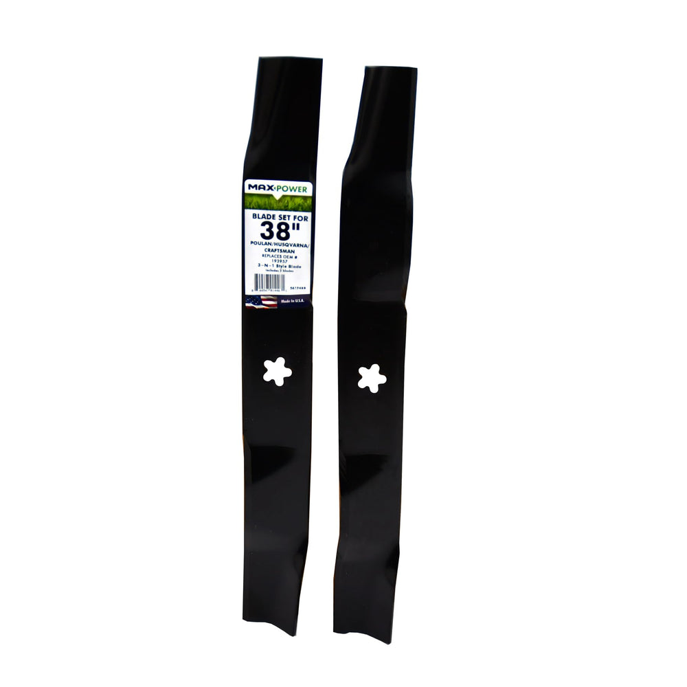MaxPower front view packaging showing two replacement blades and part number benefit: easy identification
