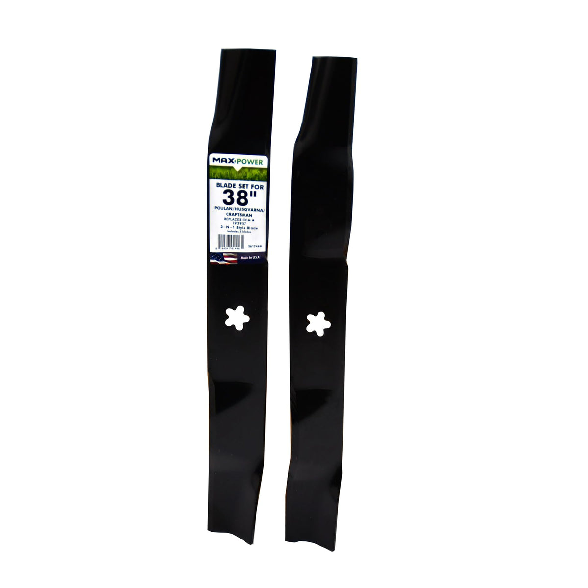MaxPower front view packaging showing two replacement blades and part number benefit: easy identification