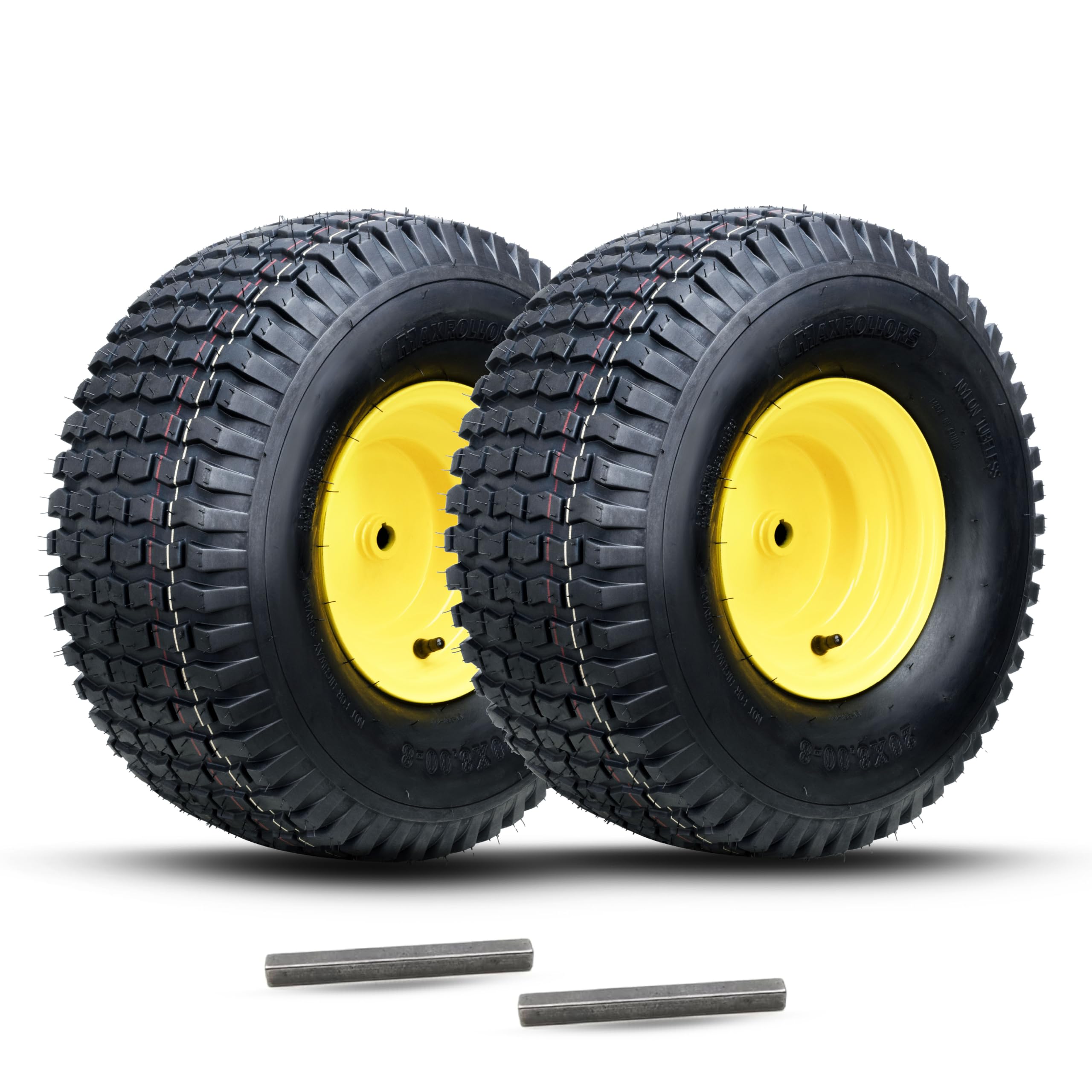 MAXROLLORS front view of wheel assembly showing tire and yellow rim for easy identification