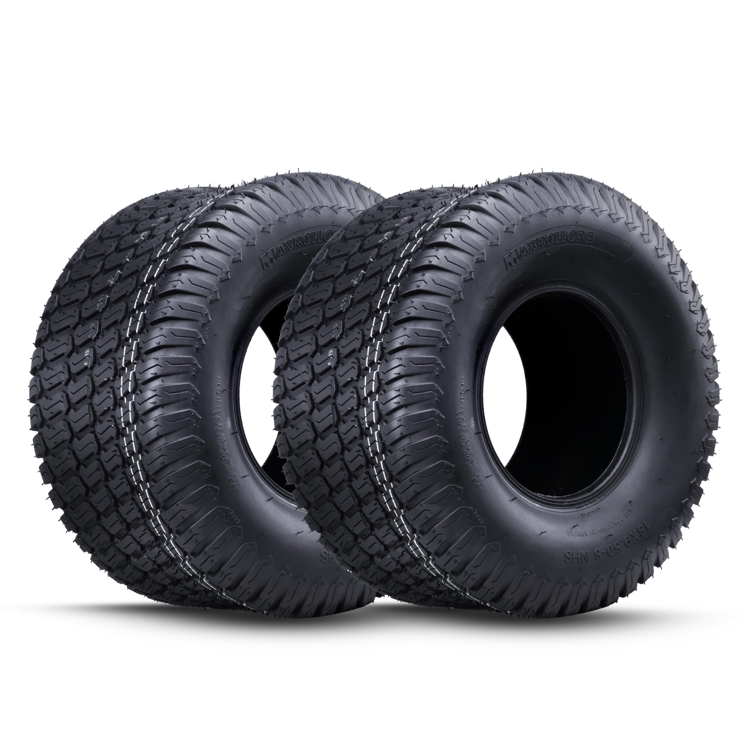 MAXROLLORS front view tire mounted on mower showing fit and durability