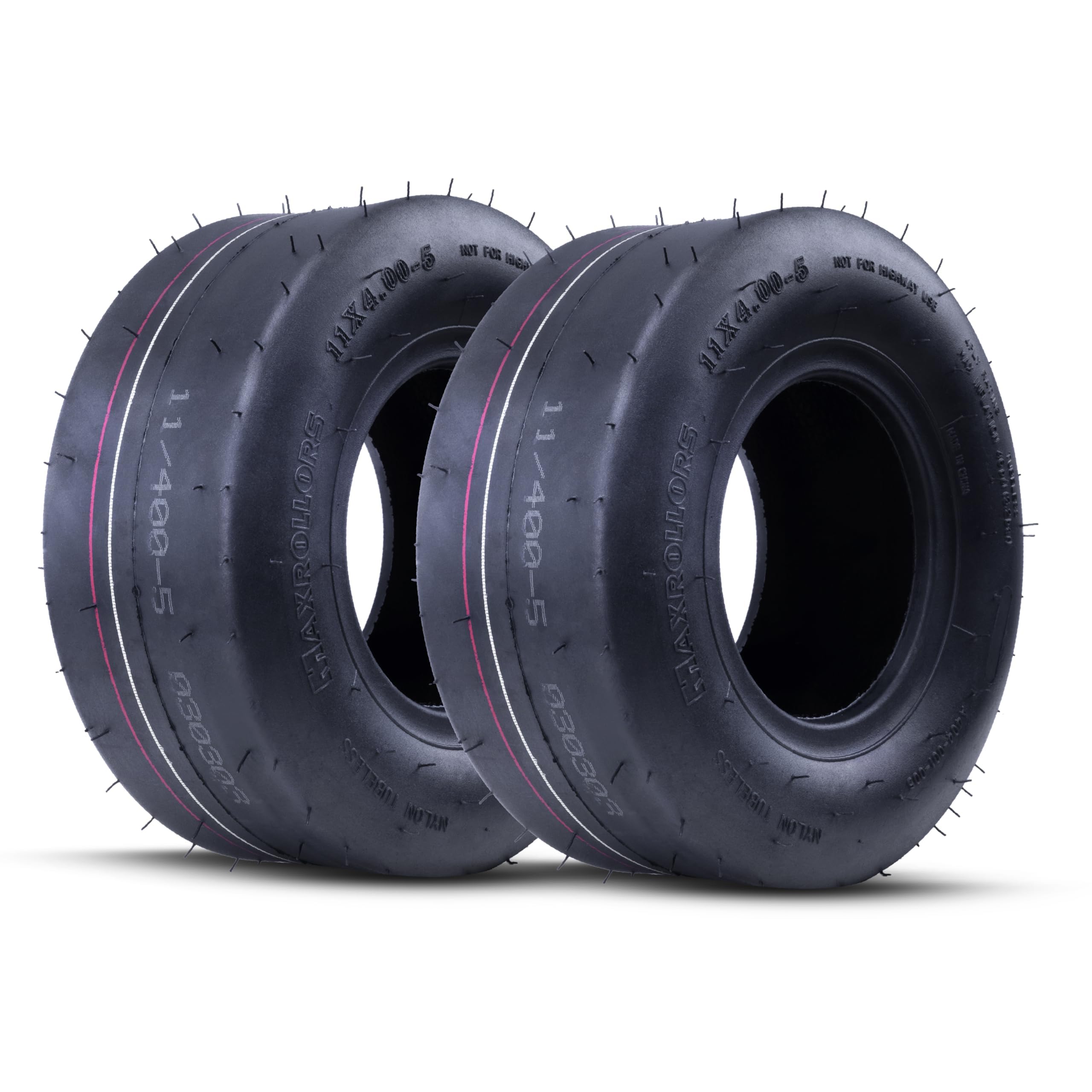MAXROLLORS front profile of two tires showing smooth tread and turf benefit