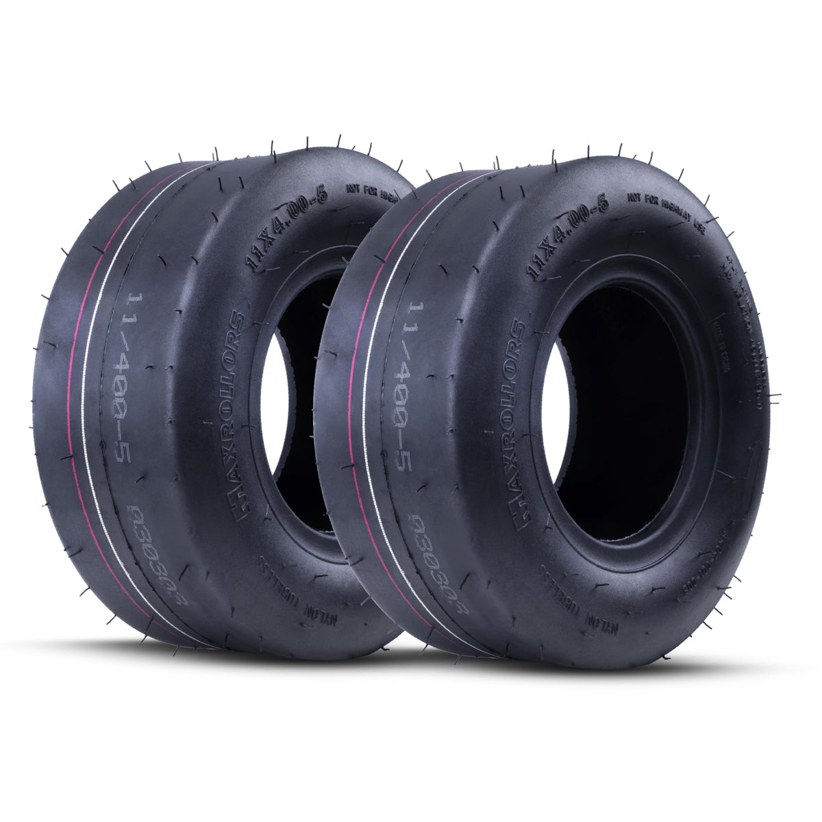 MAXROLLORS front profile of two tires showing smooth tread and turf benefit