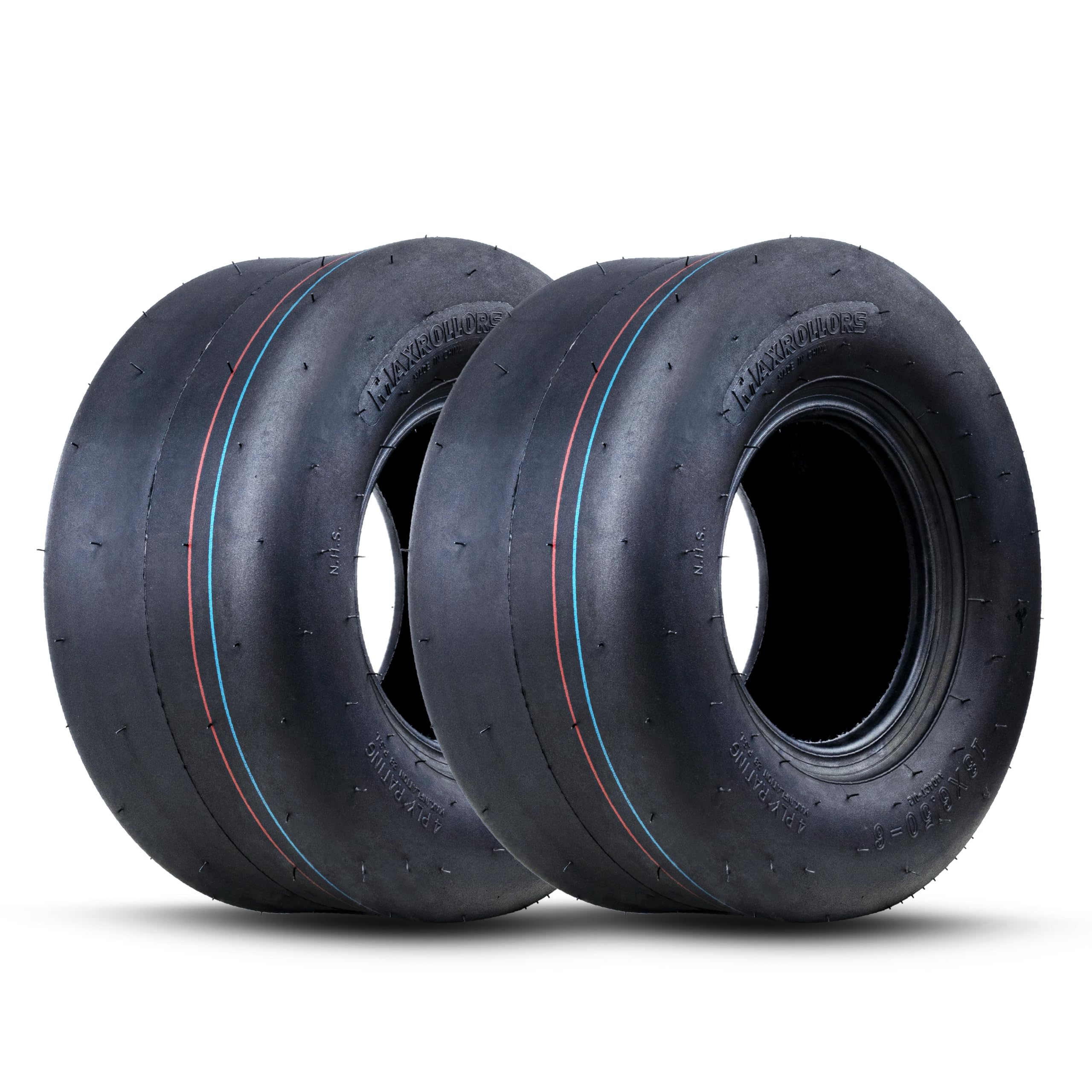MAXROLLORS front view of two tires showing size and benefit of turf protection