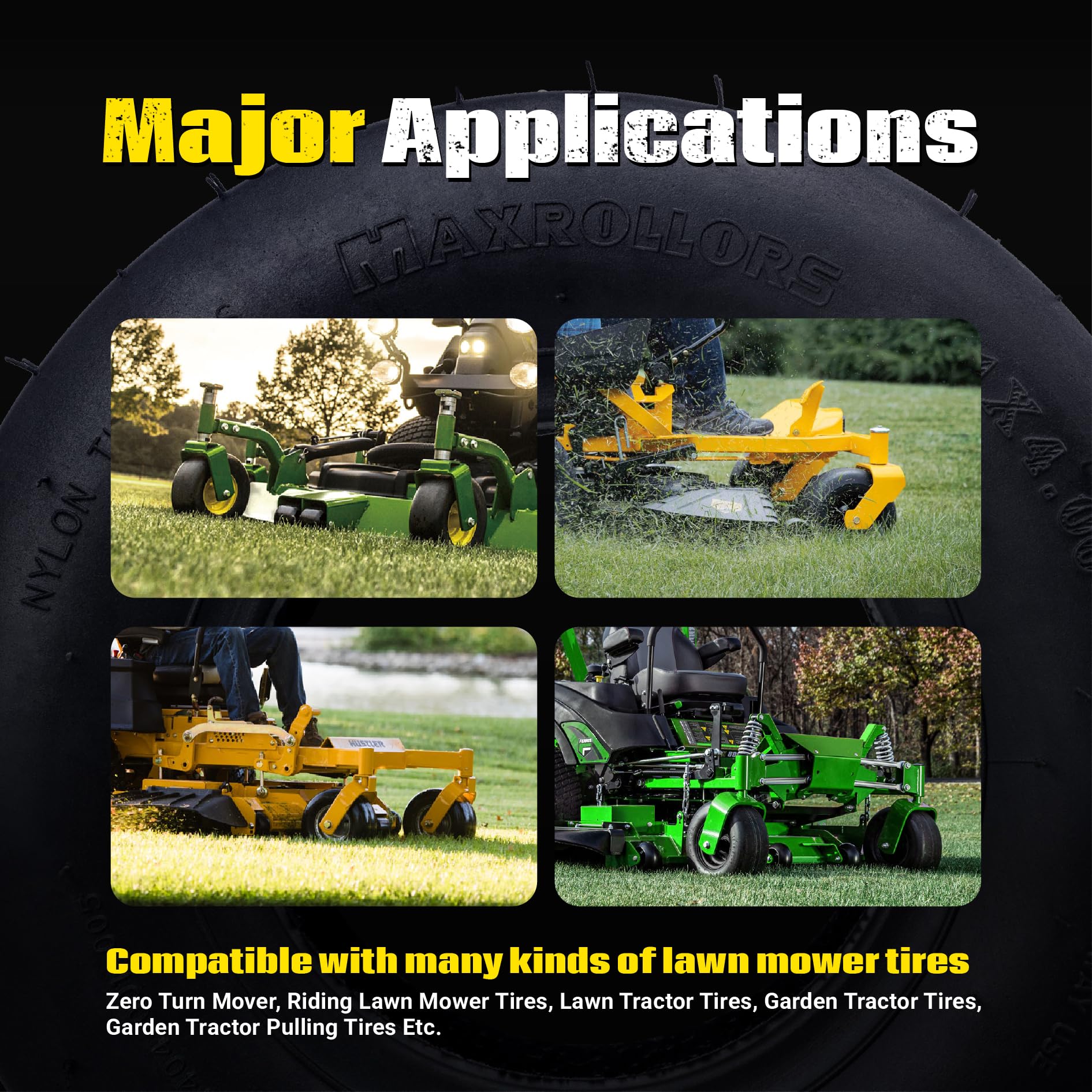MAXROLLORS tire on lawn in garden setting illustrating turf-friendly design