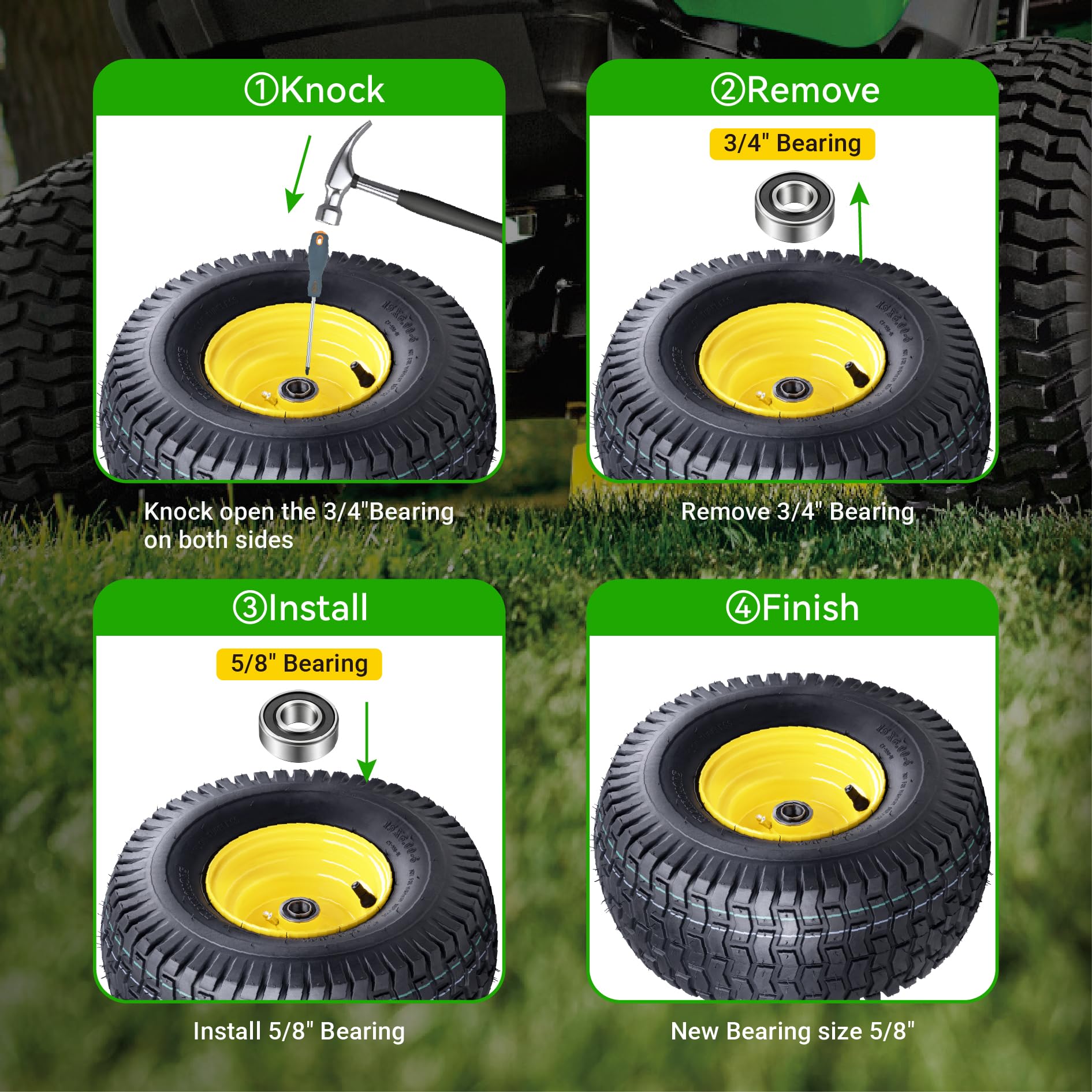 MAXROLLORS wheel in yard setting showing improved mowing stability and control