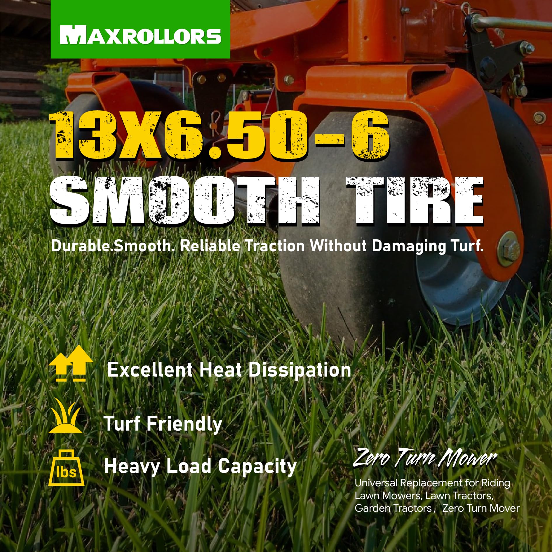 MAXROLLORS tire beside ruler showing load capacity and size benefit