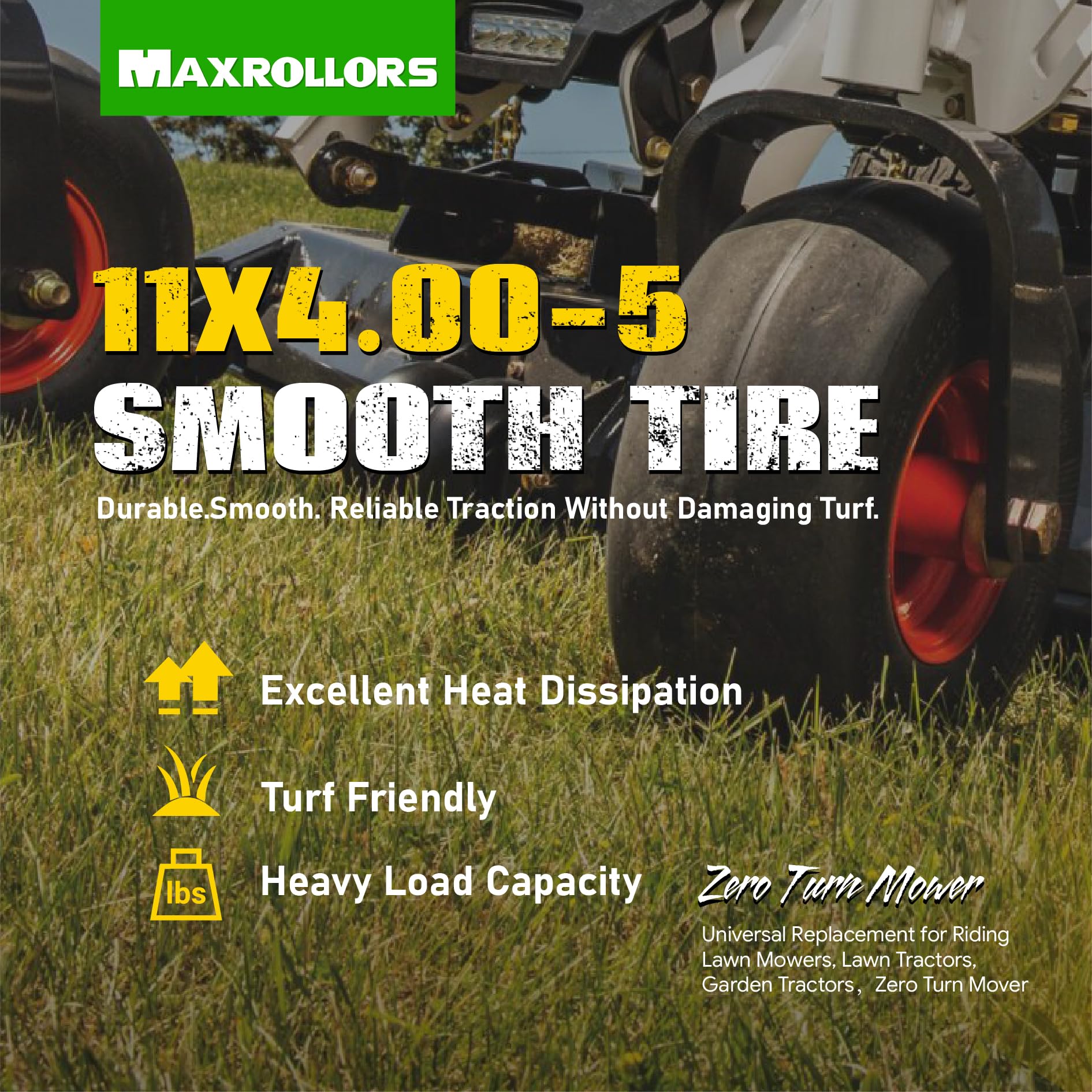 MAXROLLORS tire mounted on mower demonstrating improved maneuverability