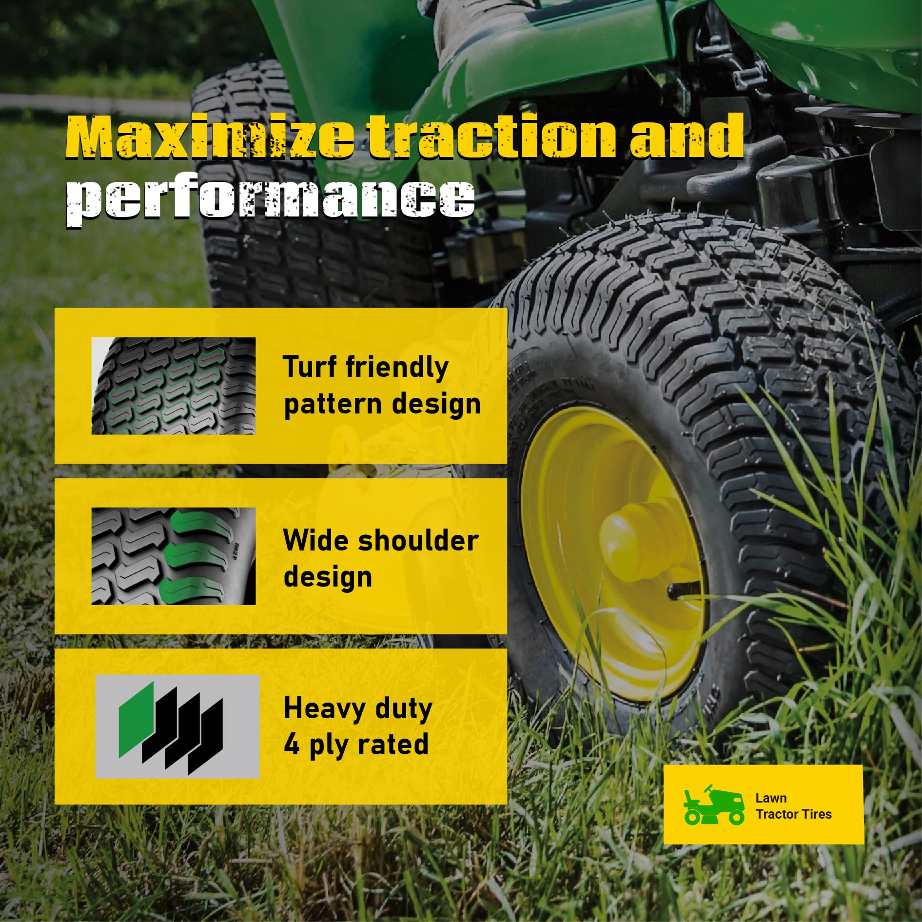 MAXROLLORS tire mounted on riding mower demonstrating lawn protection