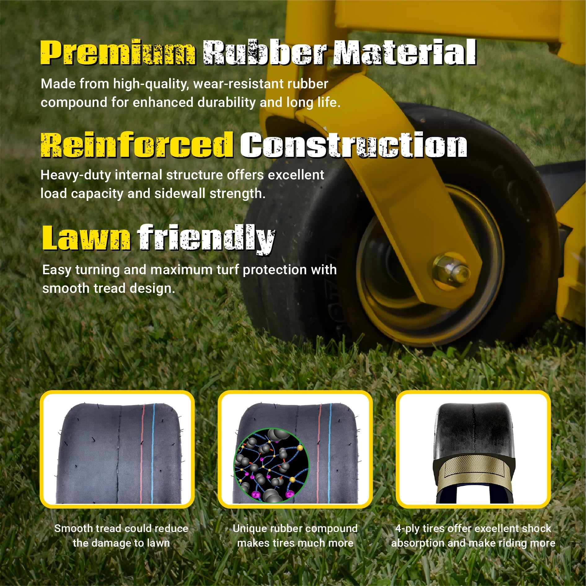 MAXROLLORS tires mounted on a riding mower demonstrating stable handling