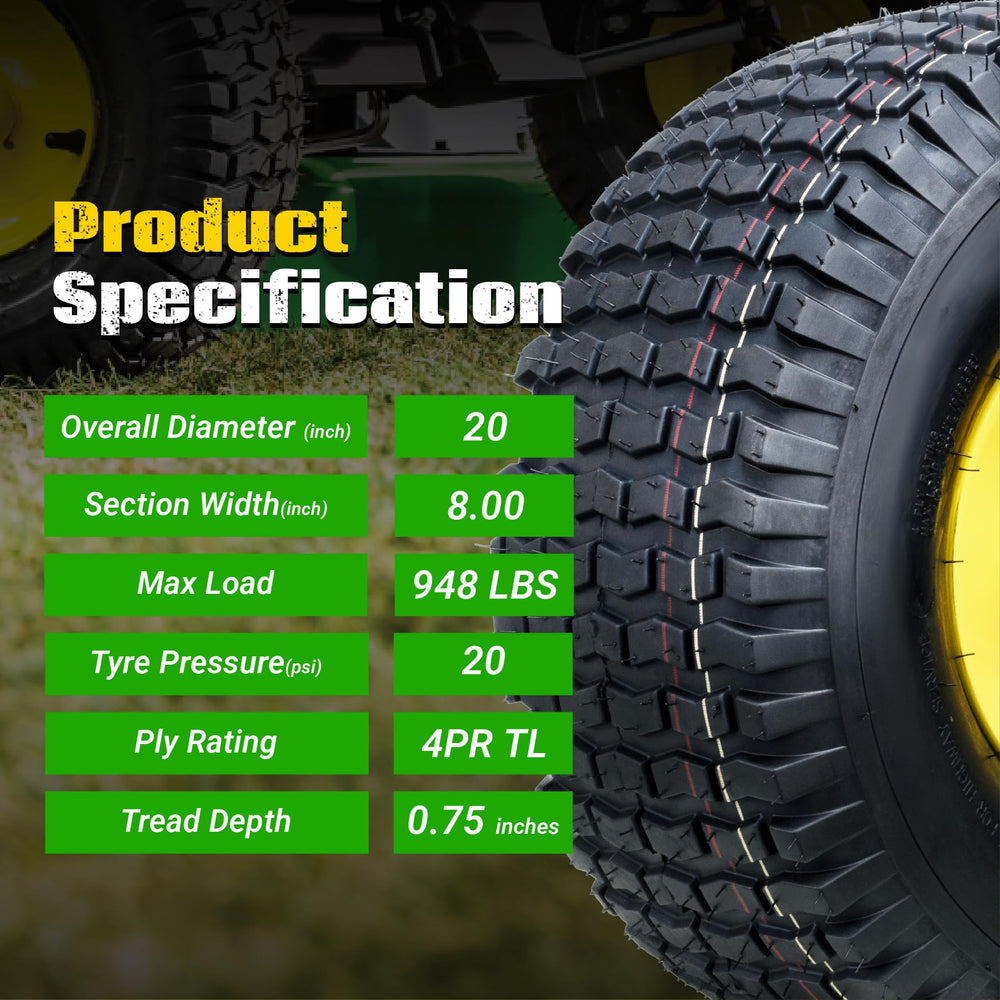 MAXROLLORS side profile showing 20x8.00-8 dimensions and wheel offset accuracy