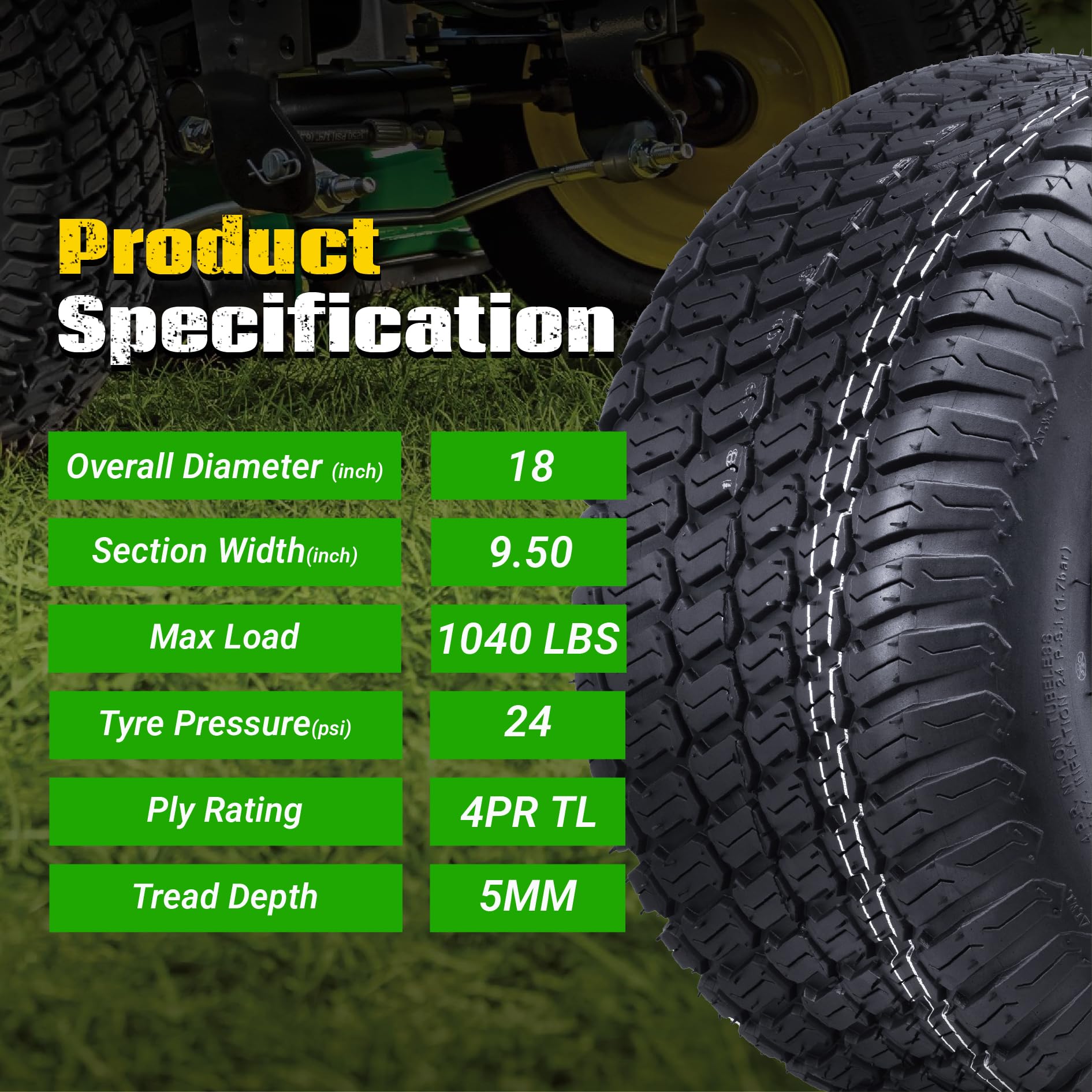 MAXROLLORS sidewall showing 18x9.50-8 markings and dimension clarity