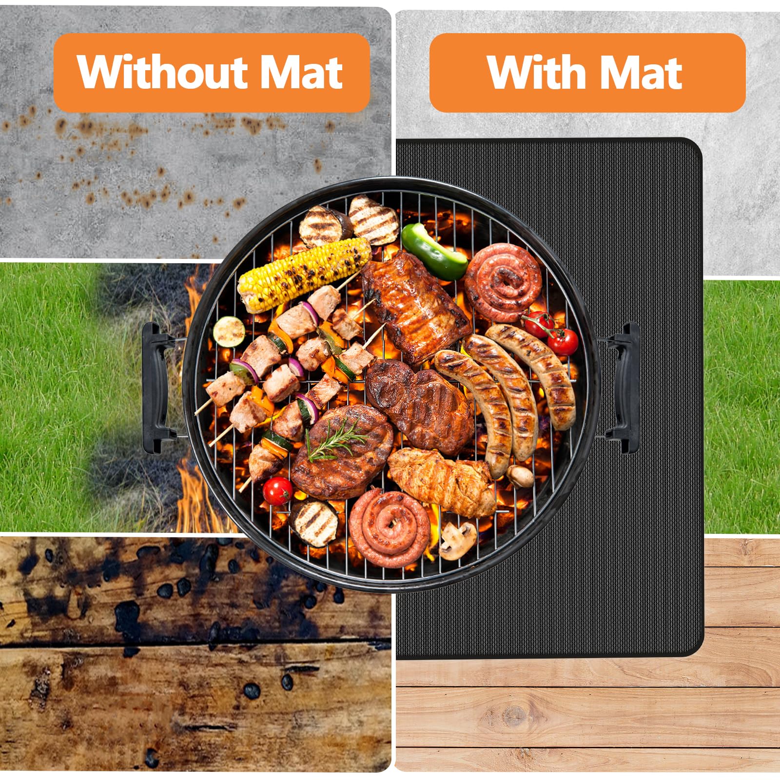 MAXTBEE mat placed under charcoal grill protecting deck from spills